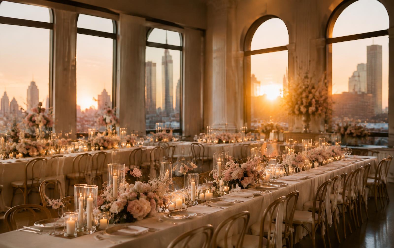 Elegant event tables styled with blush florals and candles